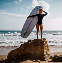 Load image into Gallery viewer, Surfer standing with longboard wearing a Manera wetsuit
